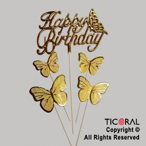 CAKE TOPPER CON 4 MARIPOSAS AMARILLO Y HAPPY BIRTHDAY CURSIVA ORO METALIZADO